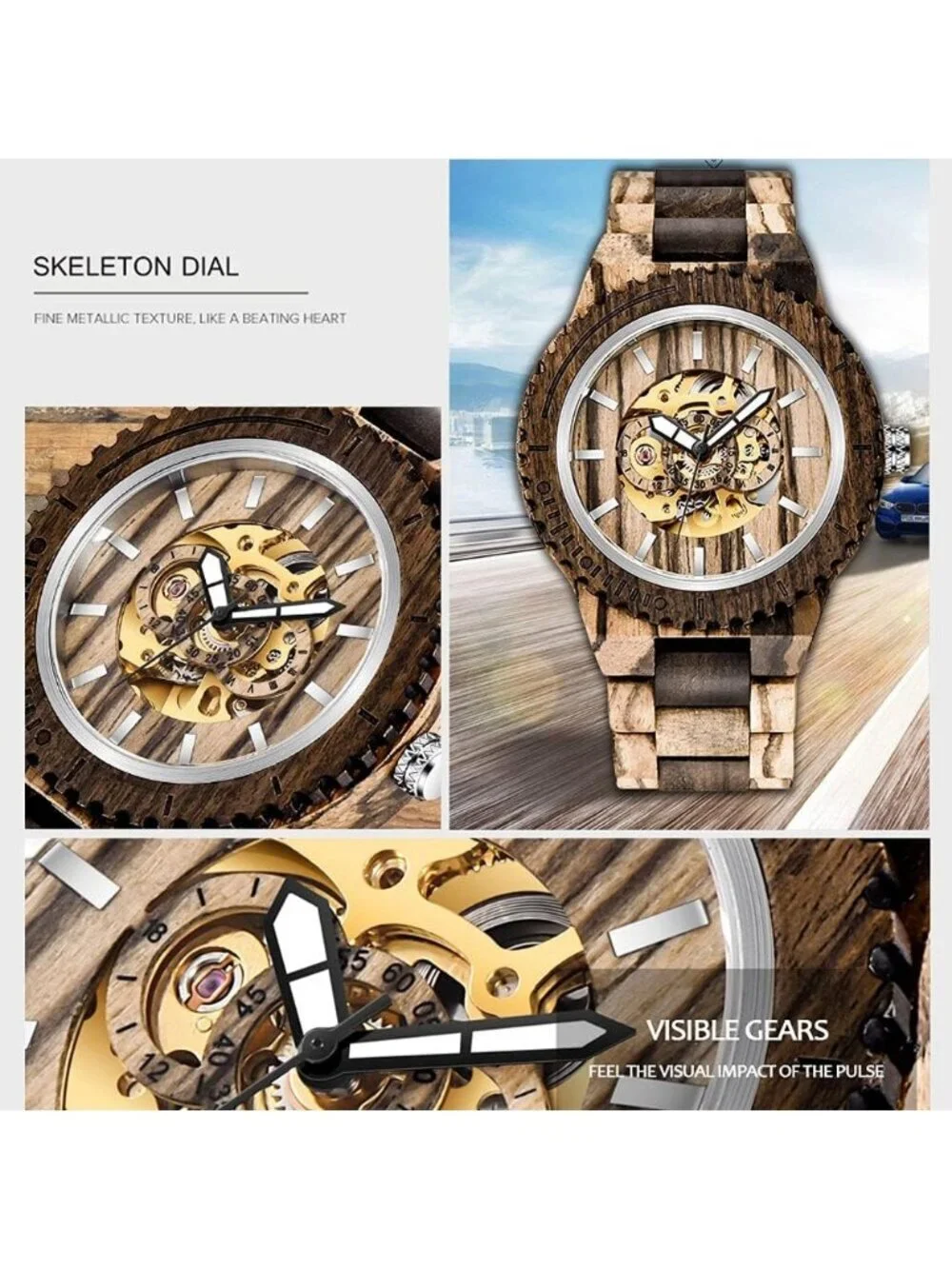 Men's Dark Brown Analog No Battery Fashion Mechanical Movement Wooden Watch